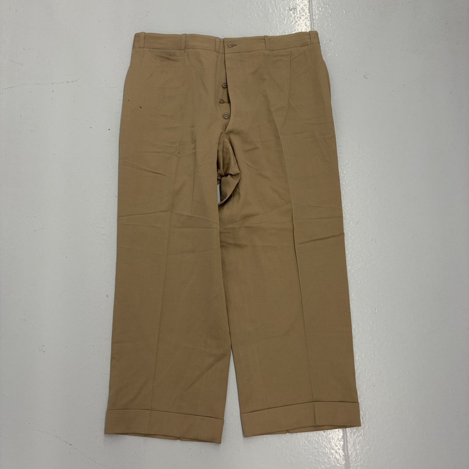 Nos Vintage 50s Tan Gabardine Wool Buttonfly Trousers 38x27